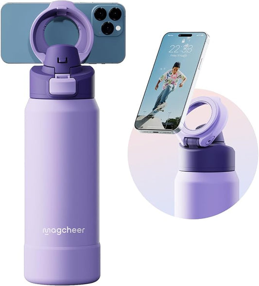 Insulated Magnetic Water Bottle - Reusable Stainless Steel Bottle with MagSafe Compatible Phone Holder - Keeps Cold for 24 Hours - Perfect for Gym, Sports, and Travel - Lavender 32oz