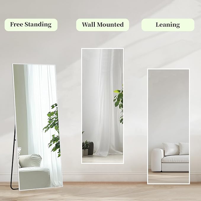48x16 inch White Full Length Mirror, Floor Mirror with Stand | Matte White Metal Frame, No Distortion, High Definition, White Body Mirror for Bedroom, Living Room, Entryway, Bathroom