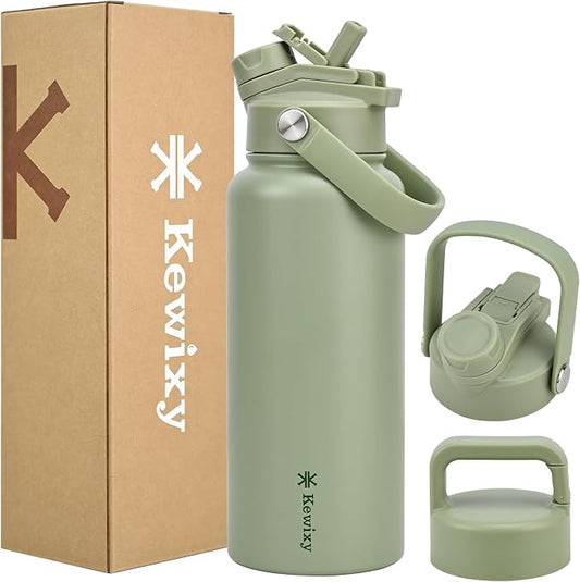 KEWIXY 32 oz Insulated Water Bottle, 2-in-1 Lid, Straw & Spout with Protected, Leak Proof, Keep Cold, Stainless Steel, Metal, Reusable, Handle, for Outdoor, Gym and School, 2 Lids, Sage Green