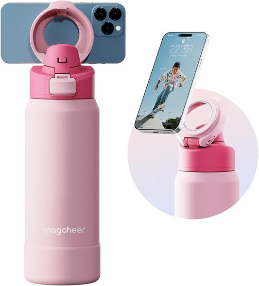 Insulated Magnetic Water Bottle - Reusable Stainless Steel Bottle with MagSafe Compatible Phone Holder - Keeps Cold for 24 Hours - Perfect for Gym, Sports, and Travel - Pink 32oz