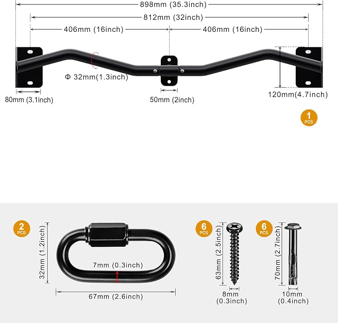 Kipika Wall Mounted Pull Up Bar - Heavy Duty 500 LB Capacity Doorway Chin Up Bar for Home Gym, Sturdy Steel Construction with Resistance Band Hooks | Hanging Exercise Bar for Full Body Workout