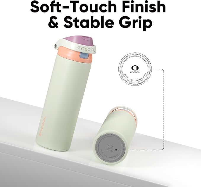 ENCOOL Leakproof Insulated Water Bottle with Straw Dual-Sip Water Bottle Bag-Safe Design for Work, Commute & Gym – Keeps Drinks Cold All Day, 24 oz, Sand Beige