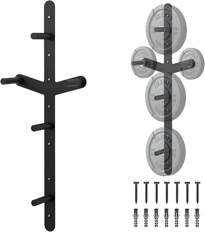 Wall Mounted Weight Plate Rack, 6 Pegs & 4 Barbell Storage Rack, 1190 LBS Capacity Weight Plate Holder, Wall Mounted Bumper Plate Storage for Home Garage Gym, Fit 2" Olympic, Rubber Protection Pads