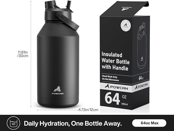 POWCAN 64 oz Insulated Water Bottle with 2-in-1 Straw and Spout Lid, Keep Cold 24H, Leak-Proof, BPA-Free, Double Wall Stainless Steel Water Bottle for Sports, Gym, Travel, and School (Dark Knight)