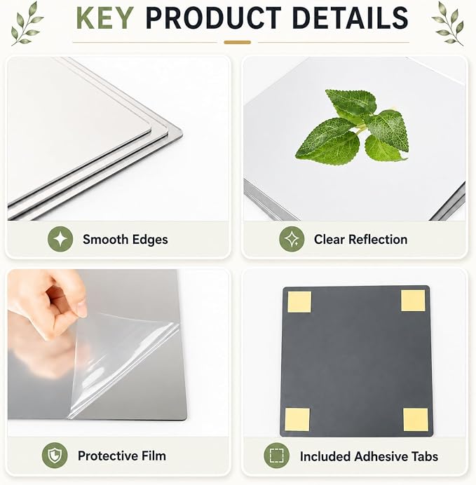 LXCREAT 4 Packs Peel and Stick Mirrors for Wall, 11.8" x 11.8" Mirror Tiles | Self Adhesive 2MM Thick Frameless Acrylic Plastic Mirror Sheets Wall Stickers for Bedroom Bathroom Gym Door DIY Decor