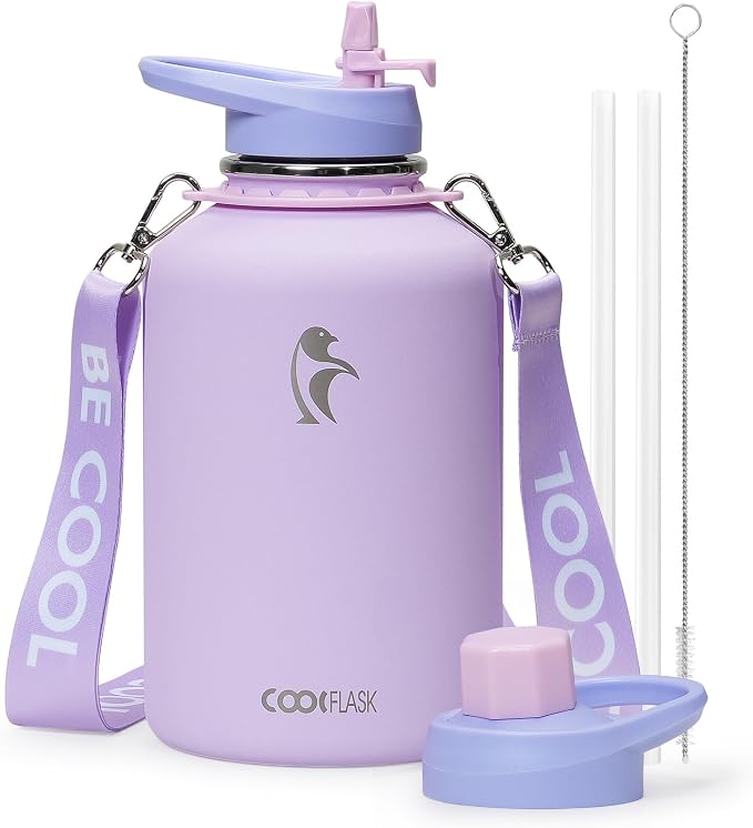 Coolflask Half Gallon Water Bottle Insulated Stainless Steel with Strap | 64 oz Large Water Jug with Straw & Spout Lids,Triple-Wall, Cold 48+h,Dishwasher Safe, Leakproof, BPA-Free,for Gym & Hiking