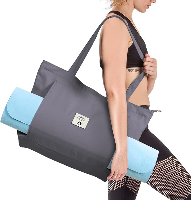 WLLWOO Yoga Mat Carrier Bag for Women Canvas Carryall Tote Gym Pilates | Large Holder Zipper Shoulder for Beach Travel Workout Fitness Office
