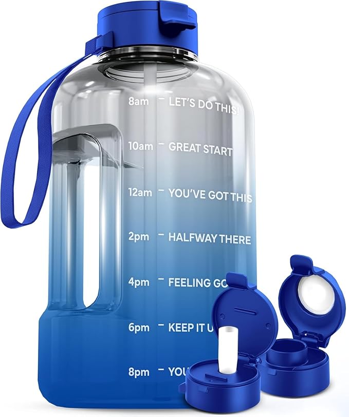 AQUAFIT 1 Gallon Water Bottle with Motivational Quotes | BPA Free 1 Gallon Water Bottle with Straw and Chug Lids - Leakproof Gym Water Bottle with Carry Handle (Blue Skies)