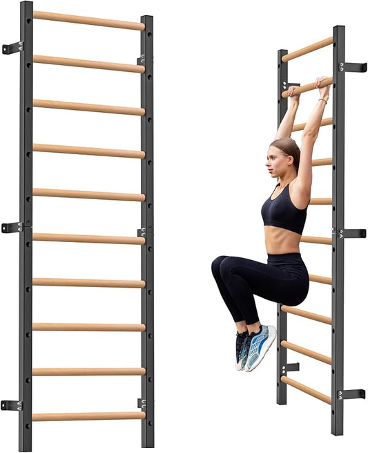Kipika Gymnastic Wood Stall Bar, 2"x2" Swedish Ladder with 1" Hole | Wall Mounted Pull-up Bar Ladder Suspension Trainer, Solid Wood Grips Gymnastics Training Bar for Home, Wall Gym, School