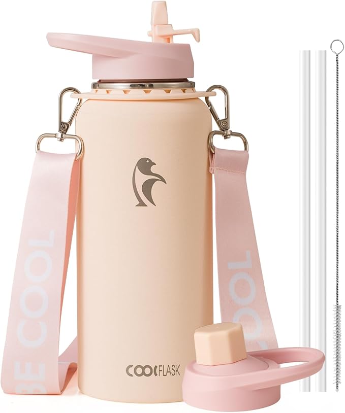 Coolflask 32 oz Water Bottle Insulated Stainless Steel with Strap | Metal Water Flask with Straw & Spout Lids, Triple-Wall, Cold 48+h, Dishwasher Safe, Leakproof, BPA-Free, for Gym & Hiking