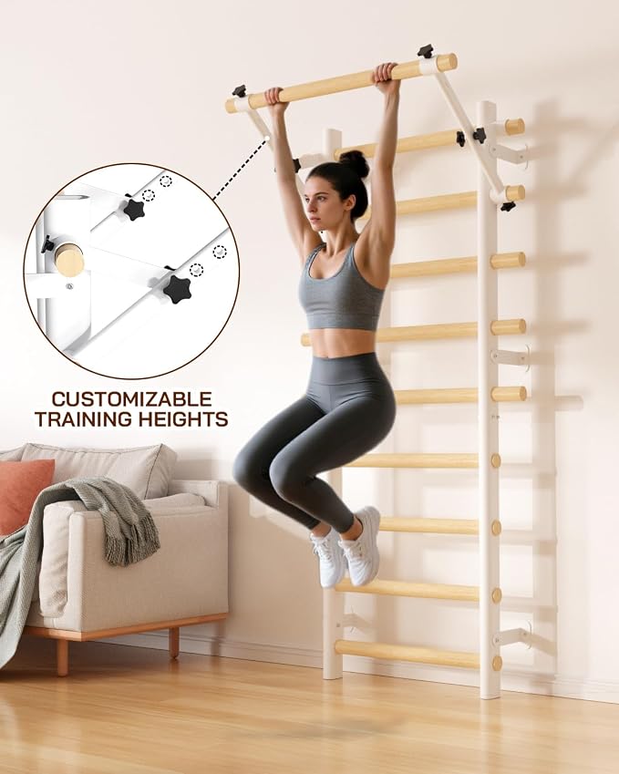 Swedish Ladder Wall Gym, Wooden Wall-Mounted Stall Bars with Pull-up Bar & Exercise Straps & Dip Bars, Stretching Ladder Full Body Home Gym Adults New