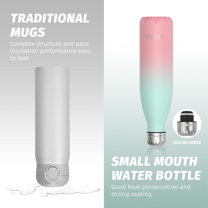 WATERSY Stainless Steel water bottles,17oz/500ml Insulated Water Bottle | Gradual Pink metal water bottle Keeps Drink Cold and Hot,BPA Free kids water bottles for School,Gym,Travel,Sports