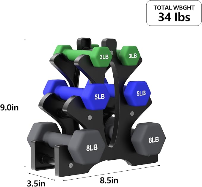 Portzon Dumbbells Neoprene with Non Slip Grip weight for Total Body Workout Compatible with of 2 Set,1-15 LB, Anti-Slip, Anti-roll, Hex Shape