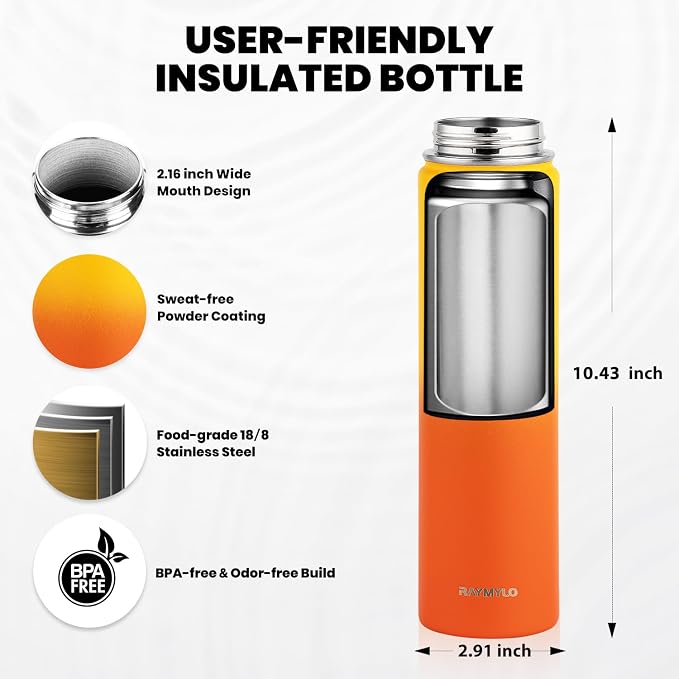 RAYMYLO Insulated Water Bottle 24 oz, Triple Wall Vacuum Stainless Steel | (Cold for 24Hrs, Hot for 12Hrs), Leak Proof & Non-BPA, Modern Water Flask Jug with Paracord Handle & Straw Spout Lids