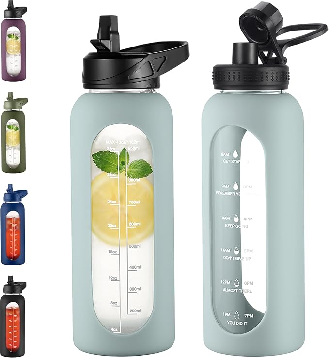 EALGRO 40 oz Glass Water Bottle with Straw, Large Sports Water Jug | Motivational Water Bottle with Time Marker and Silicone Sleeve, Flask Cup with Handle for Travel, Gym, Hiking, School, Sage