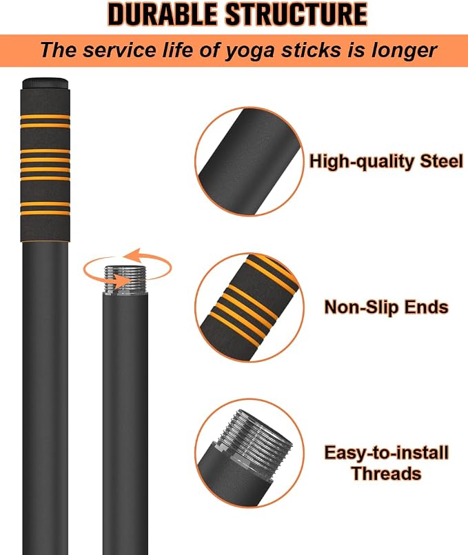 Queension 5ft Yoga Stick Adjustable Stretching Bar for Mobility & Balance | Heavy-Duty Steel Multi-Functional Fitness Pole with 4 Steel Rods & Comfort Foam Grips