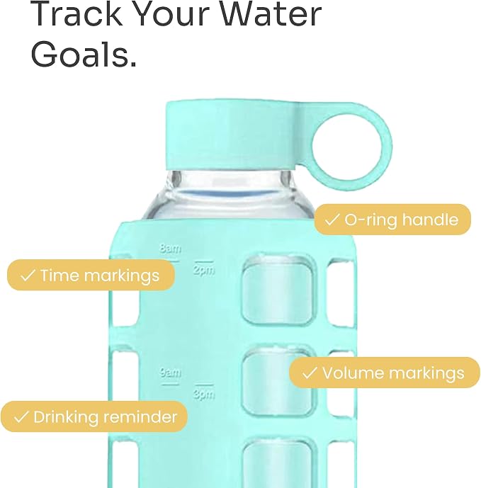 purifyou 40oz / 32oz / 22oz / 12oz Borosilicate Glass Water Bottle with Time & Volume Markers, Silicone Sleeve, Stainless Steel Lid | Reusable Glass Bottle for Water & Juice (32oz Glow-in-the-Dark)