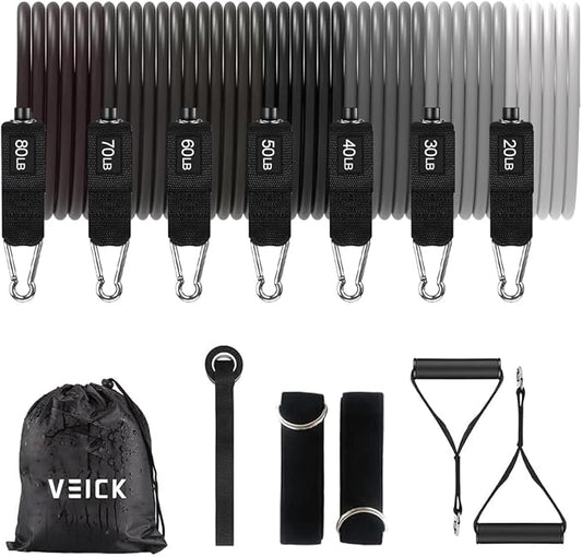 VEICK 10-150LBS Resistance Bands with Handles, Ankle Straps, Door Anchor | Accredited Lab Certified, 100% Natural Latex, Versatile for Yoga, Pilates, Strength, Home Gym