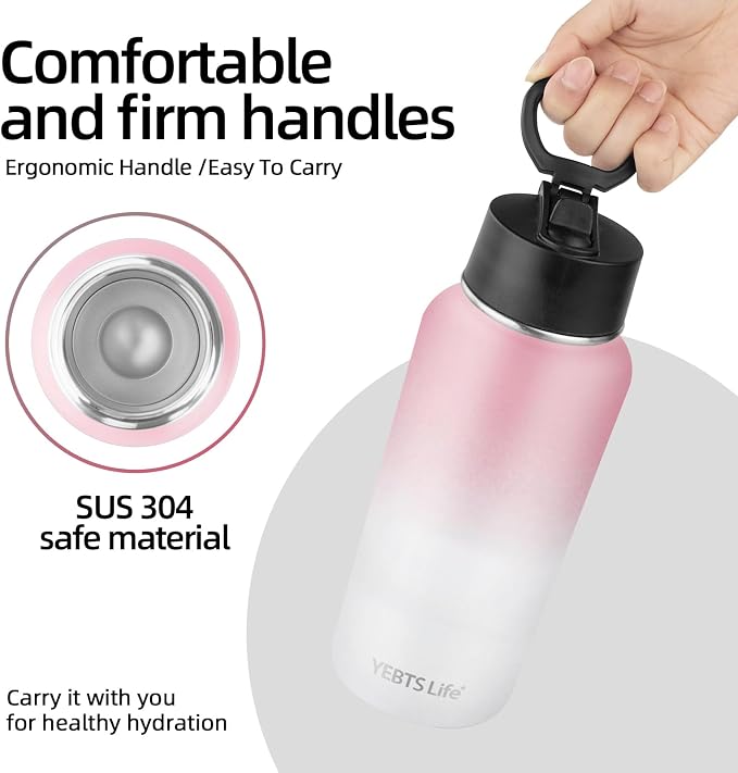 Insulated Water Bottle With Straw,32 oz Vacuum Insulated Stainless Steel Sports Water Flask,Keeps Cold and Hot,Metal Water Bottle Wide Mouth for Gym Travel Camping (Pink & White)