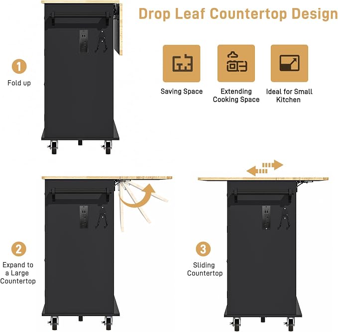 Hlivelood 63" Movable Kitchen Island with Drop Leaf and Power Outlet, Rolling Island Cart w/Storage Cabinet, Island Table on Wheels for Kitchen w/2 Drawers, Spice Rack, Towel Bar, Garage Hook, Black