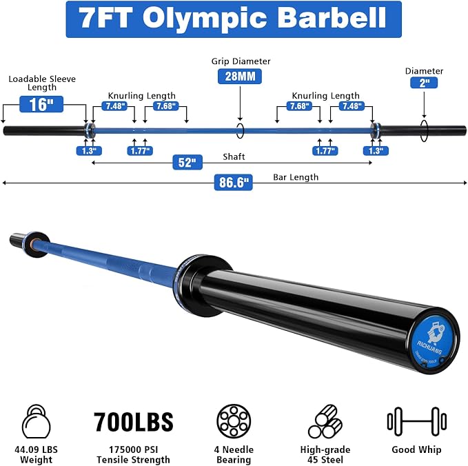 7ft Olympic Barbell 28mm 45lb – 500/700/1000LB Bar for Home Gym | Ceramic coated steel. Smooth spinning sleeves. Fits 2" plates. For snatch, clean and jerk, squats, deadlifts, bench press.