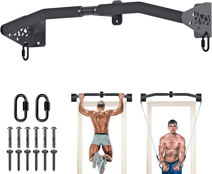 SELEWARE 32"/36" Wall Mount Pull Up Bar Joist Mount Chin Up Bar for Doorway | Heavy Duty Steel Construction Support 450 lb, w/Resistance Band Hooks, Fits 32"/36" Wall Studs for Home Gym Strength Training