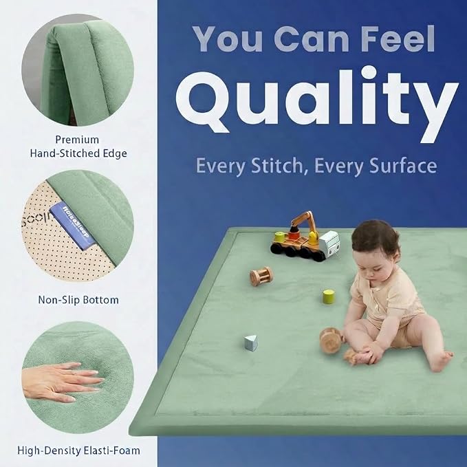Huloo Sleep Ultra Soft Baby Play Mat for Floor,1.3" Thick Elasti-Foam 47x47 Play Mat for Playpen,Water-Repellent Coral Velvet for Tummy Time, Non-Slip Backing Safe for Toddlers & Infants(Sage Green)