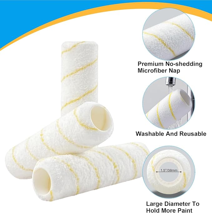 9 Inch Microfiber Paint Roller Covers, 1/2" Nap, 3-Pack | Paint Rollers for Wall & Ceiling Painting, Smooth and Textured Surfaces, Professional &Home Use
