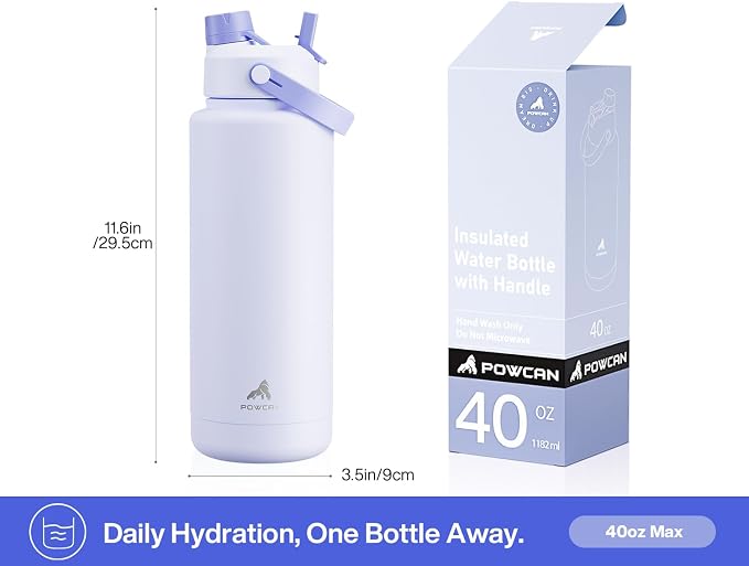 POWCAN 40 oz Insulated Water Bottle with 2-in-1 Straw and Spout Lid, Glow-in-the-Dark, 24H Cold, Leakproof, BPA-Free, Double Wall Stainless Steel for Sports, Gym, Travel, and School (Seashell Coast)