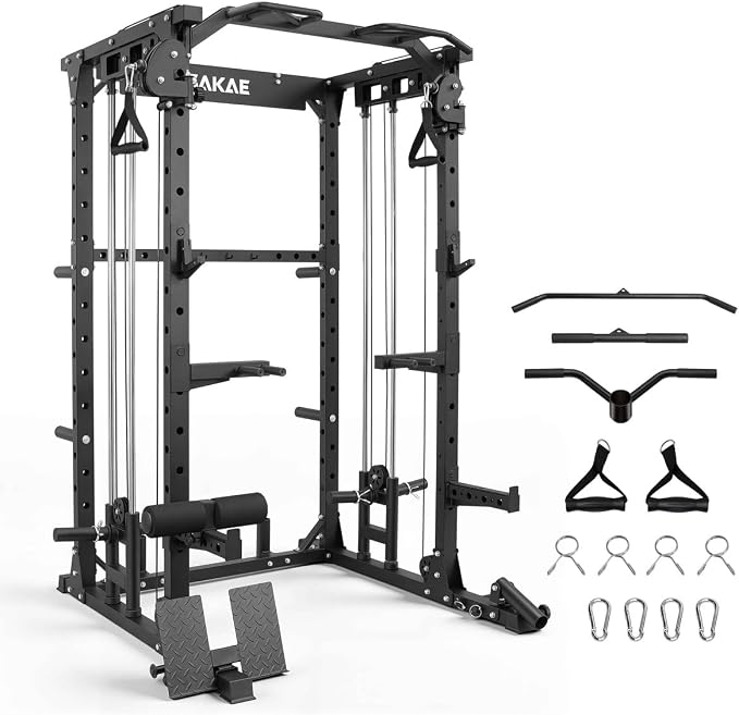 SAKAE Squat Rack with Cable Crossover System, Power Rack with LAT Pull Down, Pull-Up Bar, Dip Bars, Weight Bench, 260 LB Bumper Plates, 7 FT Olympic Bar & Training Attachments, Multiple Options