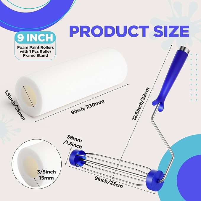 Leumoi 4 Pcs 9 Inch Foam Paint Rollers with Roller Frame Kit, High Density Foam Paint Roller Covers for Painting Doors Wall Houses Cabinets Ceilings Furniture Flat Surfaces