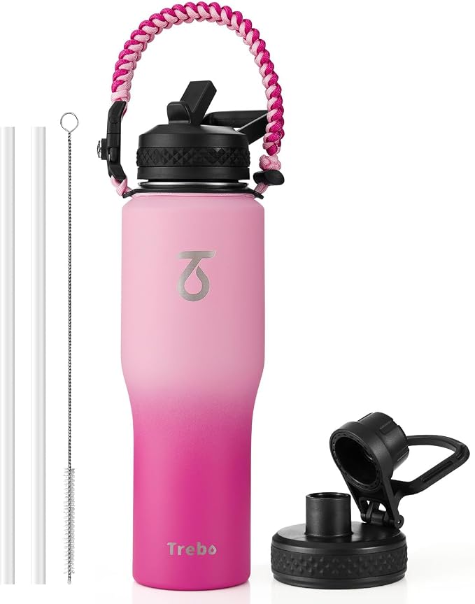Trebo 32 oz Water Bottle Insulated Fits in Any Car Cup Holder with 2 Lids | Stainless Steel T-shape Tumbler with Paracord Handle, Triple Wall Vacuum Copper Plated, Cold 48 Hrs for Travel, Leakproof