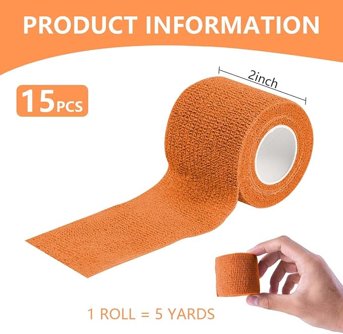KISEER 15 Pack 2 Inch x 5 Yards Orange Self Adhesive Bandage Breathable Cohesive Bandage Wrap Rolls Elastic Self-Adherent Tape for Stretch Athletic, Sports, Wrist, Ankle
