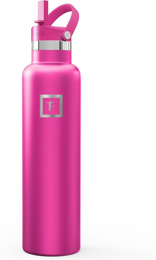 IRON °FLASK 24 oz Narrow Mouth Water Bottle with Straw | Insulated Stainless Steel Sports Water Bottle with Leakproof Straw Lid - BPA Free, Cold 24 Hrs, Sweat Free (Pink Tulip)