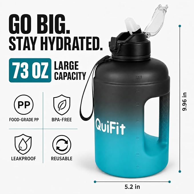 Half Gallon Water Bottle with 2 Lids,Dishwasher Safe, BPA Free,Leak Proof | 73 OZ Large Water Bottle with Straw,Shatter Resistant, Resuable,Time Marker,Big Gym Motivational Water Jug with Handle