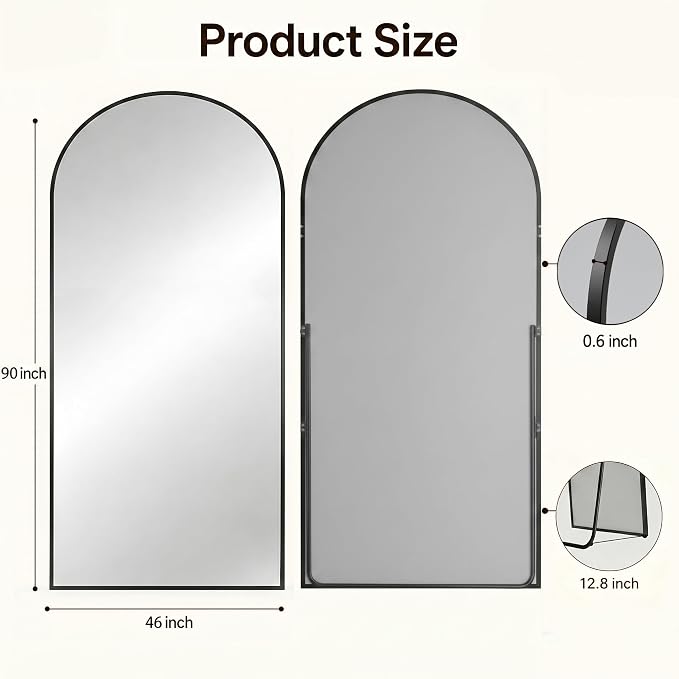 Antok Full Length Mirror, 90"x46" Floor Mirror with Stand, Hanging Mounted Mirrors for Bedroom, Living Room, Cloakroom, Dining Room, Black, Arched