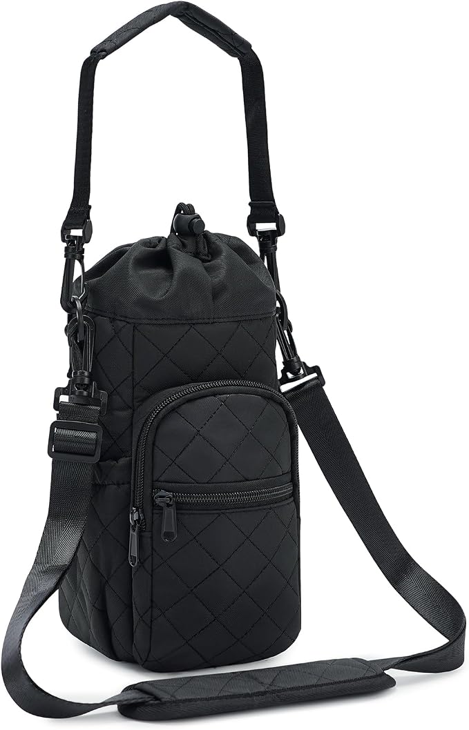 sportsnew 40oz Insulated Crossbody Water Bottle Bag Gym Hiking Phone Pocket | Water-resistant Lining, Padded Strap, Top Handle, Drawstring, Phone Pocket, Elastic Slots, Built-In Key Clip for Gym Walking