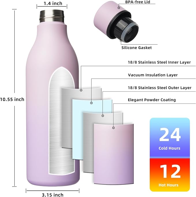 BJPKPK 25oz Insulated Water Bottle, Stainless Steel Bottle with Carry Strap | Keep Cold & Hot Vacuum Insulation, Leak-Proof BPA-Free Design, Slim Bottle Fits Most Cup Holders for Gym, Office & Travel