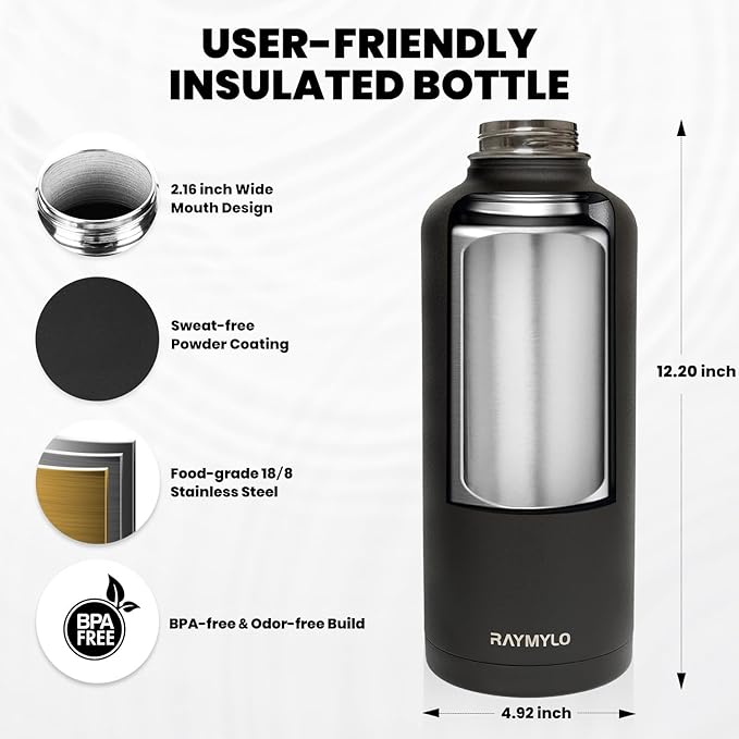 RAYMYLO Insulated Water Bottle 87 oz, Triple Wall Vacuum Stainless Steel (Cold for 48 Hrs), Leak Proof & Non-BPA, Modern Water Flask Jug with Paracord Handle & Straw Spout Lids, Magic Black | Cold for 48 Hrs), Leak Proof & Non-BPA, Modern Water Flask J...