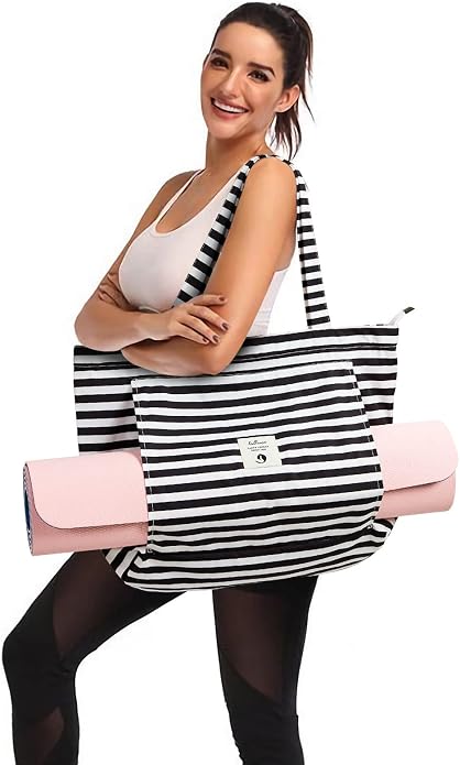 WLLWOO Yoga Mat Carrier Bag for Women Canvas Carryall Tote Gym Pilates | Large Holder Zipper Shoulder for Beach Travel Workout Fitness Office