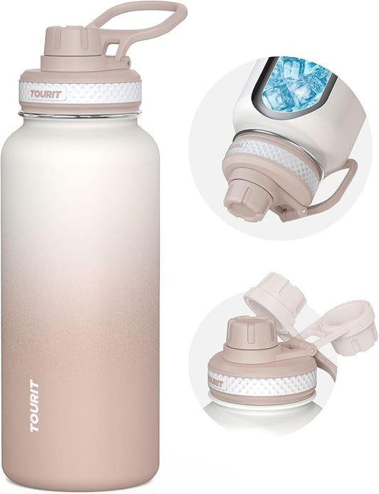 TOURIT 32 oz Insulated Stainless Steel Water Bottles, Light khaki | Double-wall vacuum thermal flask with top handle, leakproof & BPA-free design for sports, gym, hiking & travel use