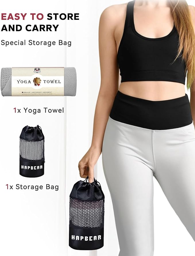 HAPBEAR Non Slip Yoga Mat Towel with Grip Dots, 72" x 24" Hot Yoga Towel - Super Absorbent Microfiber Yoga Towel for Hot Yoga, Bikram, Pilates and Gym Workout - Grey
