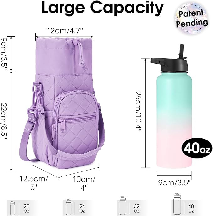 sportsnew 40oz Insulated Crossbody Water Bottle Bag Gym Hiking Phone Pocket | Water-resistant Lining, Padded Strap, Top Handle, Drawstring, Phone Pocket, Elastic Slots, Built-In Key Clip for Gym Walking