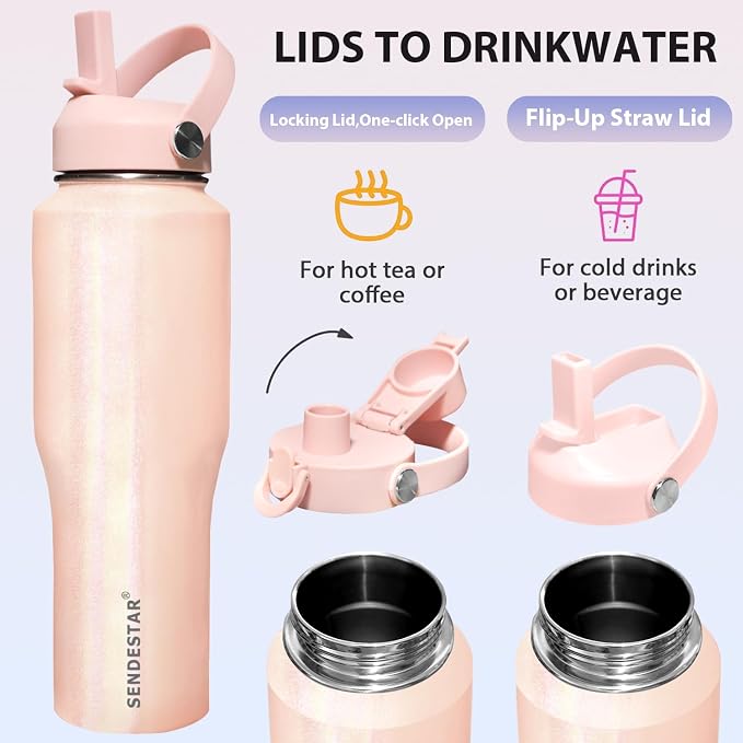 SENDESTAR 40oz Stainless Steel Water Bottle(Cold for 48 Hrs, Hot for 24 Hrs),Double Wall Vacuum Insulated Bottle with Straw Lid, Spout Lid and Flex Cap, Fit in Any Car Cup Holder