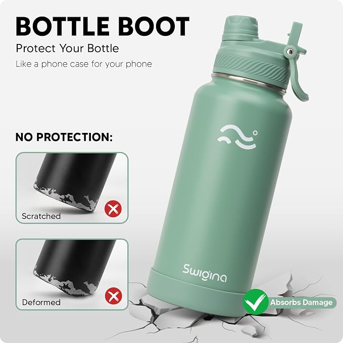 Swigina [2-IN-1 LID] Insulated Water Bottle with Silicone Boot (36hrs Cold/18hrs Hot) - DIY Stickers, Leakproof, BPA Free, 32 oz