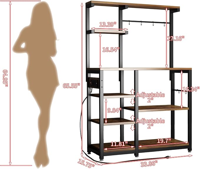 Large Bakers Rack with Power Outlet, Coffee Bar & Microwave Stand | Bakers Rack with Power Outlet, Coffee Bar Station & Microwave Cart, Metal Kitchen Storage Shelf with Wheels