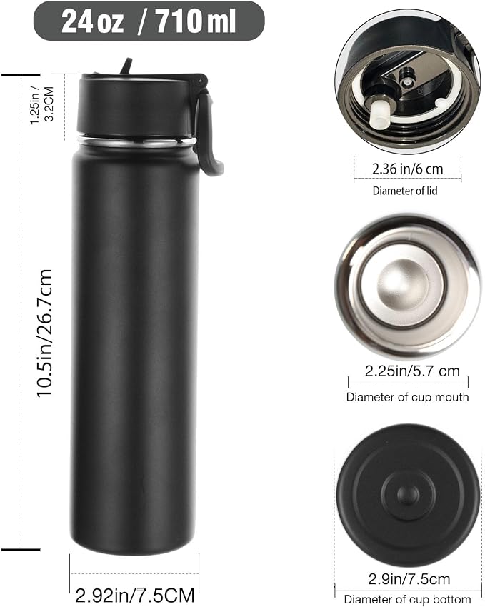 Volhoply 24oz Insulated Water Bottle With Straw Bulk 6 Pack,Metal Wide Mouth Water Bottles With Handle Lid Keep Cold,Reusable Double Wall Cups,Powder Coated Sport Bottle For Holder(Mix,6 Count)