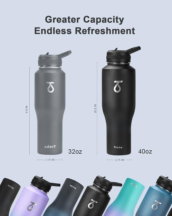 Trebo 40 oz Water Bottle Insulated Fit in Any Car Cup Holder with 2 Lids | Stainless Steel T-shape Tumbler with Paracord Handle, Triple Wall Vacuum Copper Plated, Cold 48 Hrs for Travel, Wide Mouth