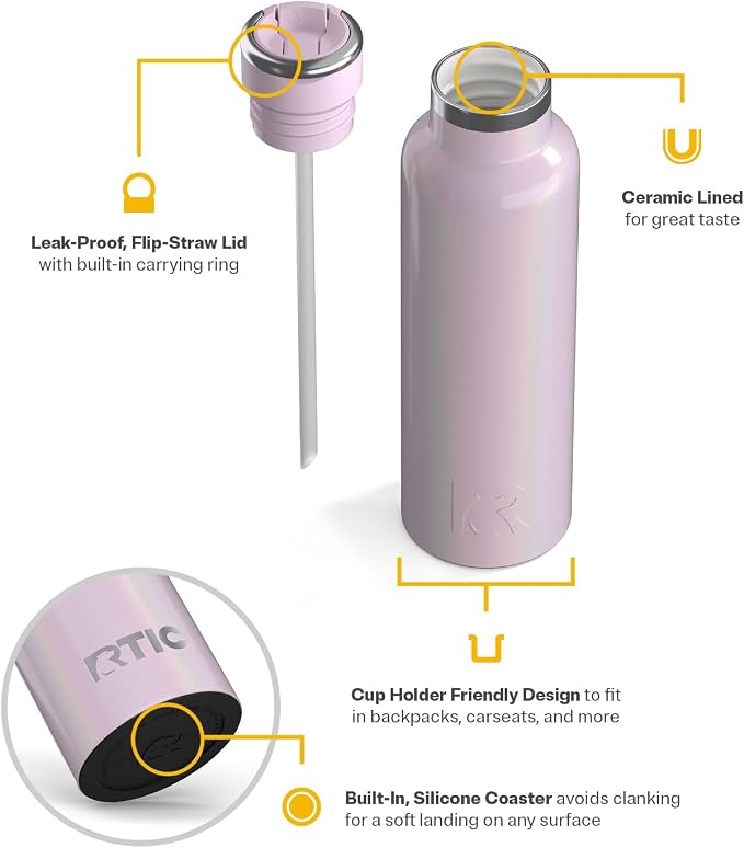 RTIC 20oz Journey Water Bottle, Ceramic Lined, Pale Pink Glitter | Stainless Steel Metal, Insulated for Hot and Cold Drinks, Sports, Travel and Camping