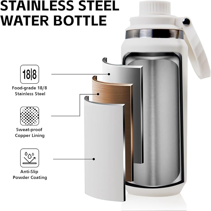 Greylock 20 oz Insulated Water Bottle with Straw Lid, Reusable Stainless Steel Sports Water Bottles with Foldable Handle, Leak Proof, Double-Wall Vacuum Insulation, 24 Hours Cold (White)